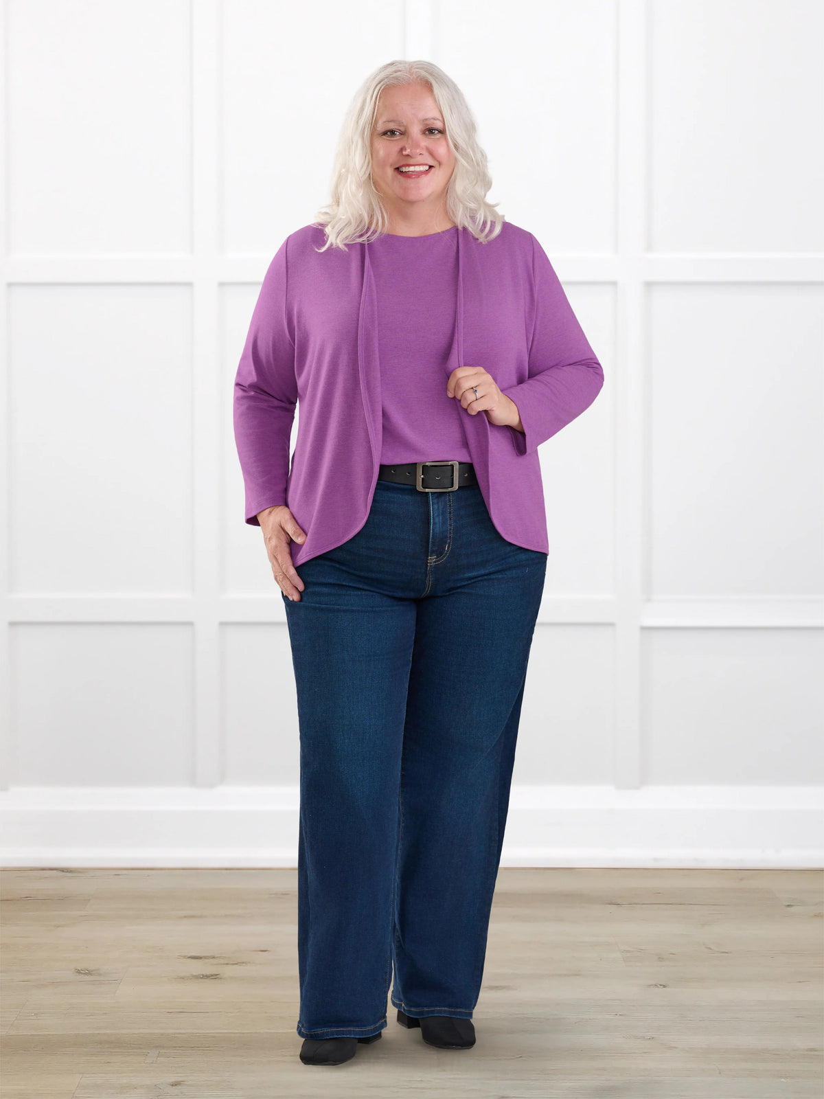 Wesley cropped waterfall cardigan for women in Lupin melange on model Colleen, size XXL @Colleen-XXL 