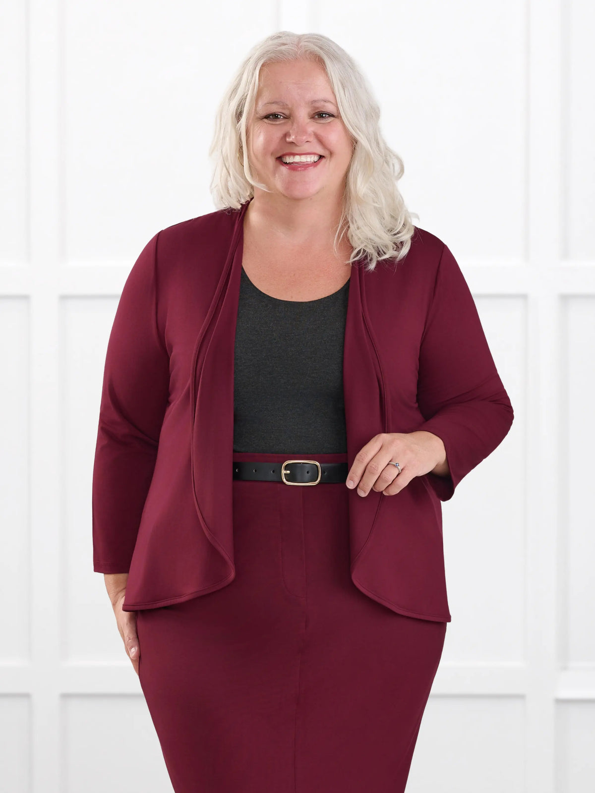 Wesley cropped waterfall cardigan for women in Merlot on model Colleen, size XXL @Colleen-XXL 