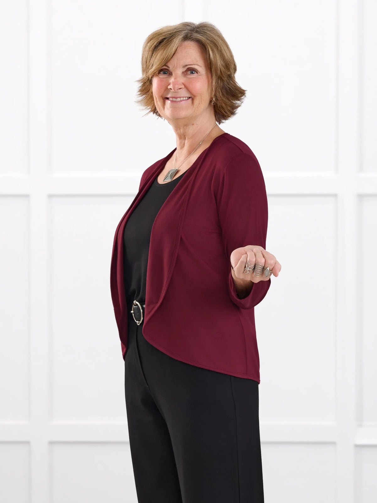 Wesley cropped waterfall cardigan for women in Merlot on model Donna, size S @Donna-S 