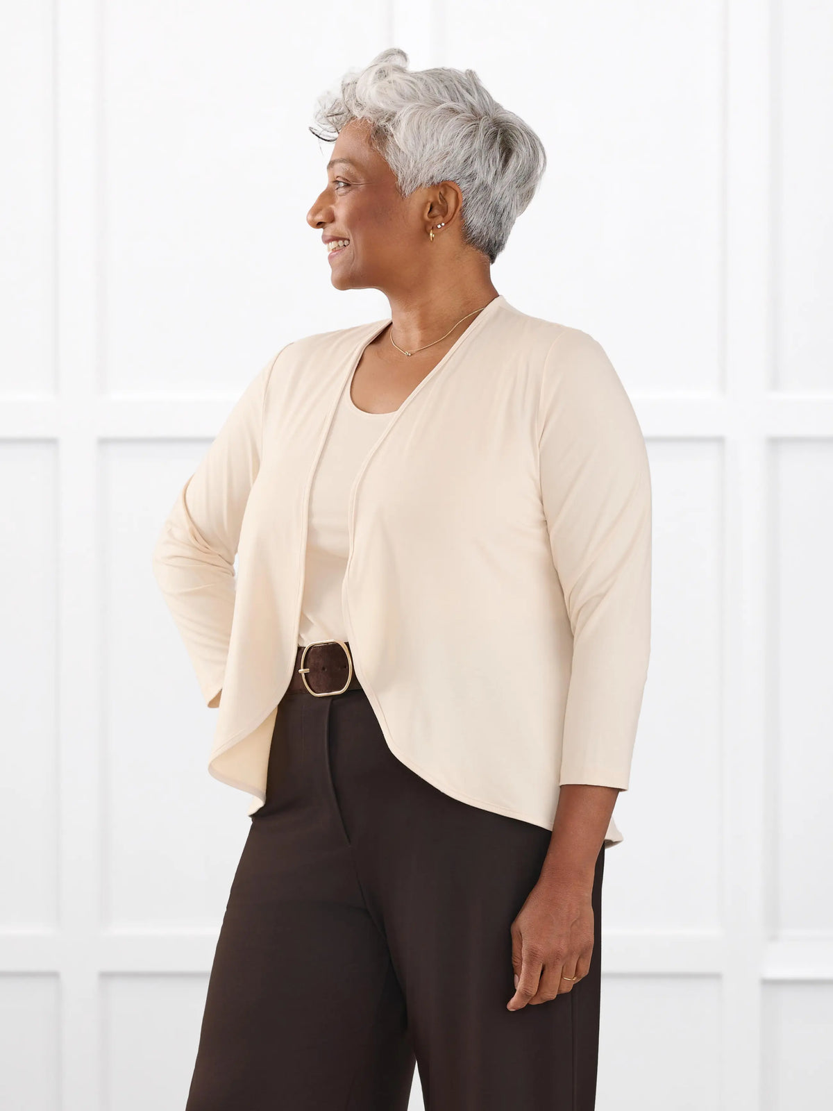 Wesley cropped waterfall cardigan for women in Shortbread on model Keethai, size M @Keethai-M 