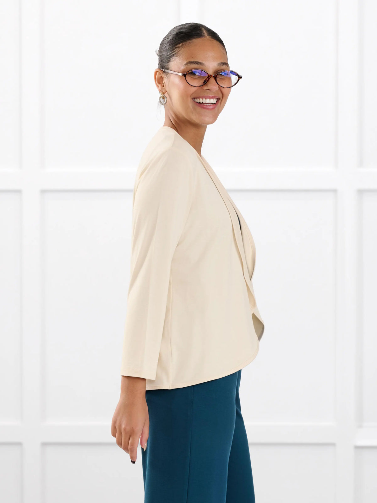 Wesley cropped waterfall cardigan for women in Shortbread on model Meron, size XS @Meron-XS 