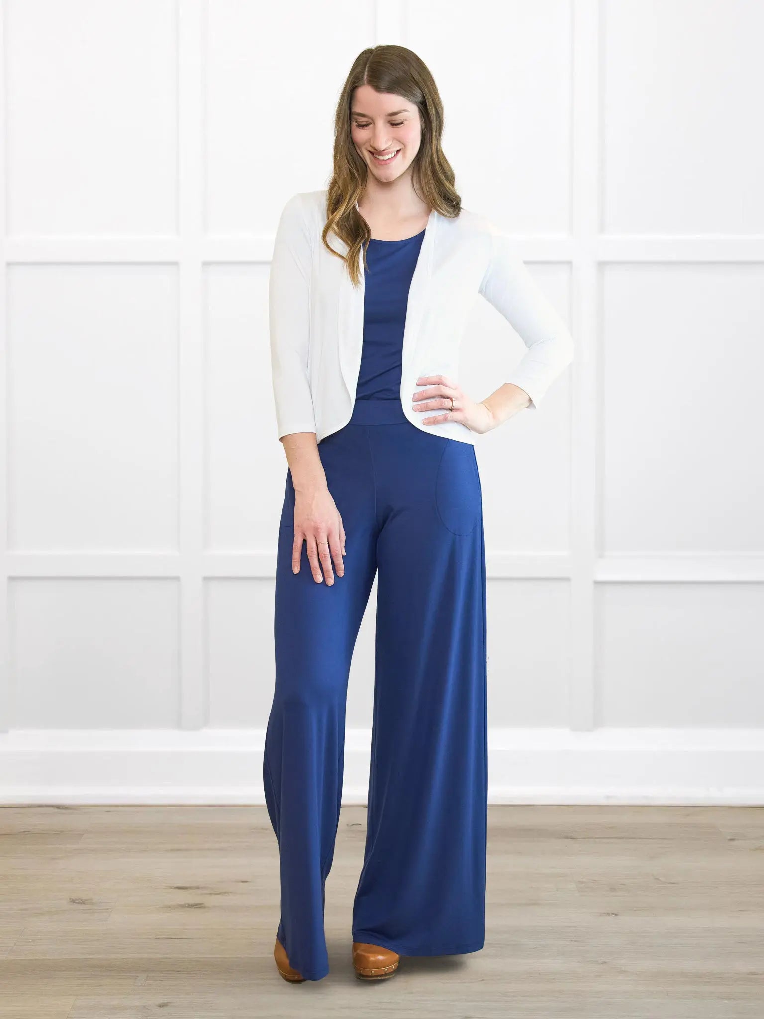 Wesley cropped waterfall cardigan for women in White on model Bethany, size S @Bethany-S 