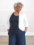Wesley cropped waterfall cardigan for women in White on model Keethai, size M @Keethai-M 