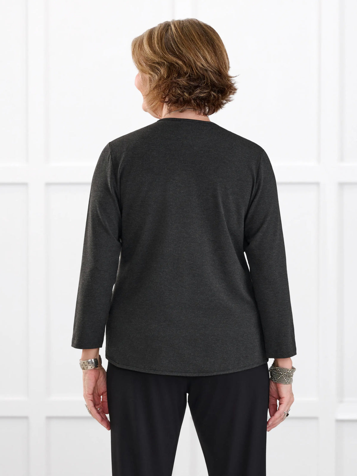 Wesley cropped waterfall cardigan for women in Charcoal on model Donna, size S @Donna-S 