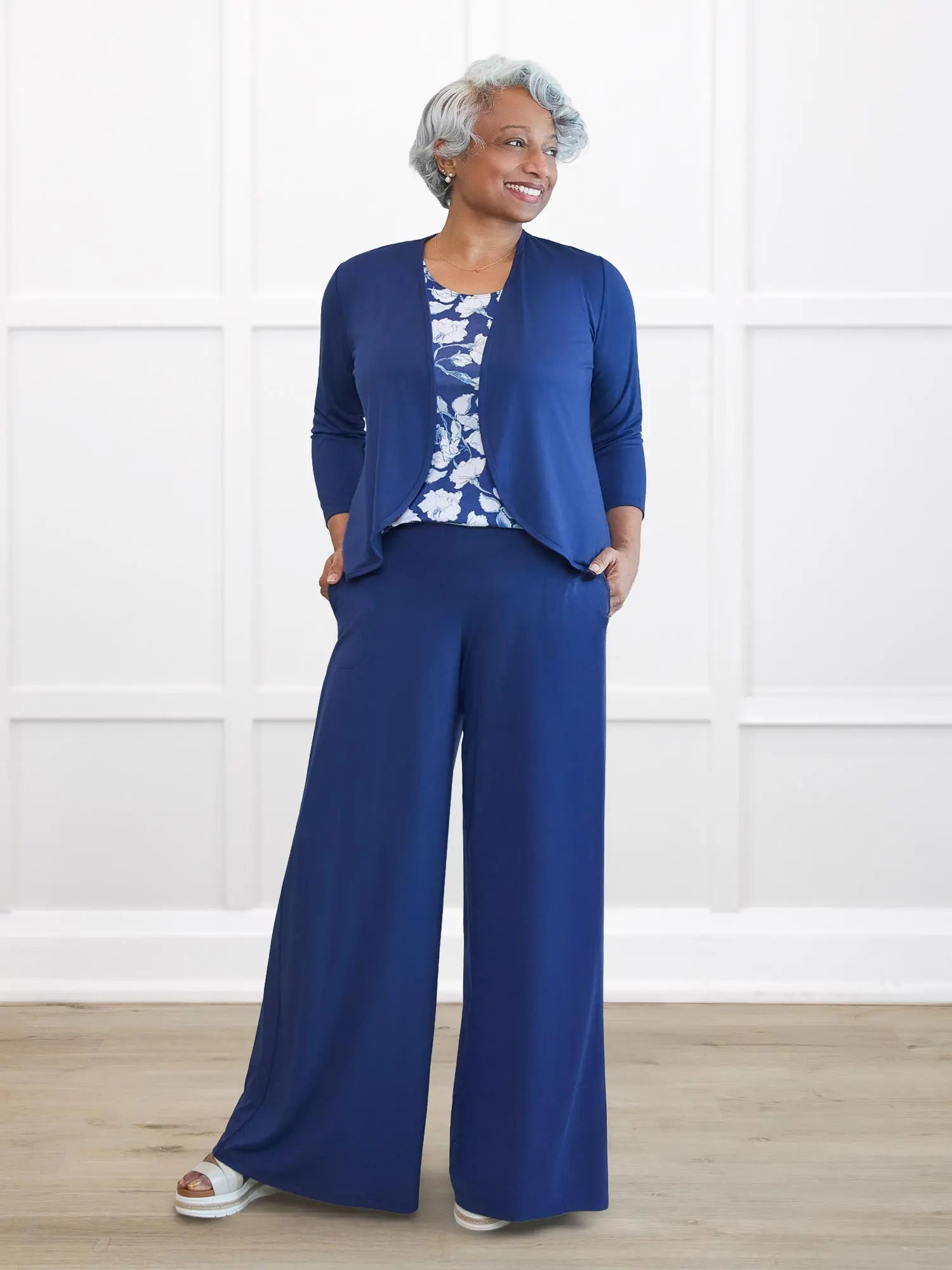 Wesley cropped waterfall cardigan for women in Marine blue on model Keethai, size M @Keethai-M 