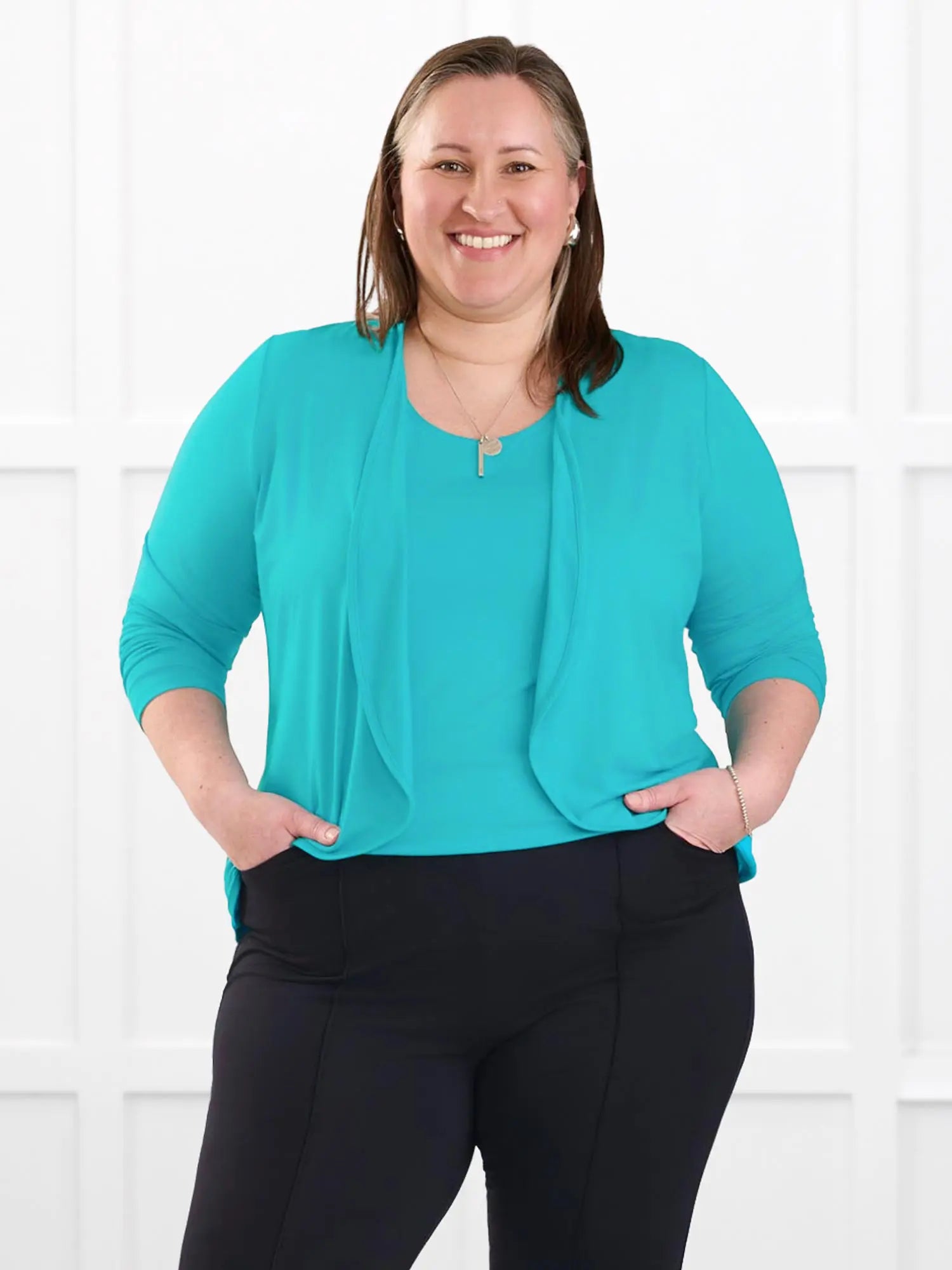 Wesley cropped waterfall cardigan for women in Sea glass on model Cristina, size XXL @Cristina-XXL 