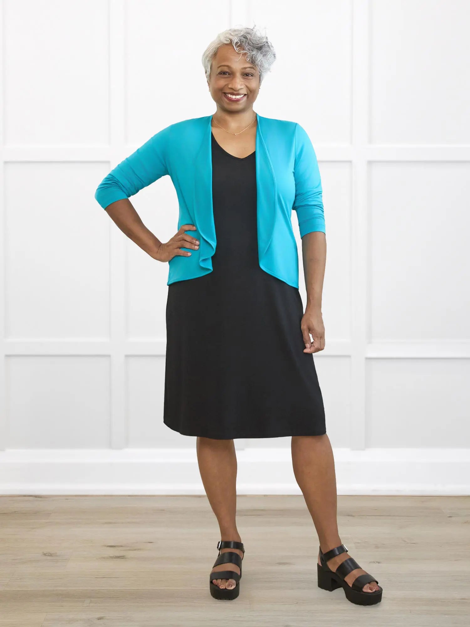 Wesley cropped waterfall cardigan for women in Sea glass on model Keethai, size M @Keethai-M 