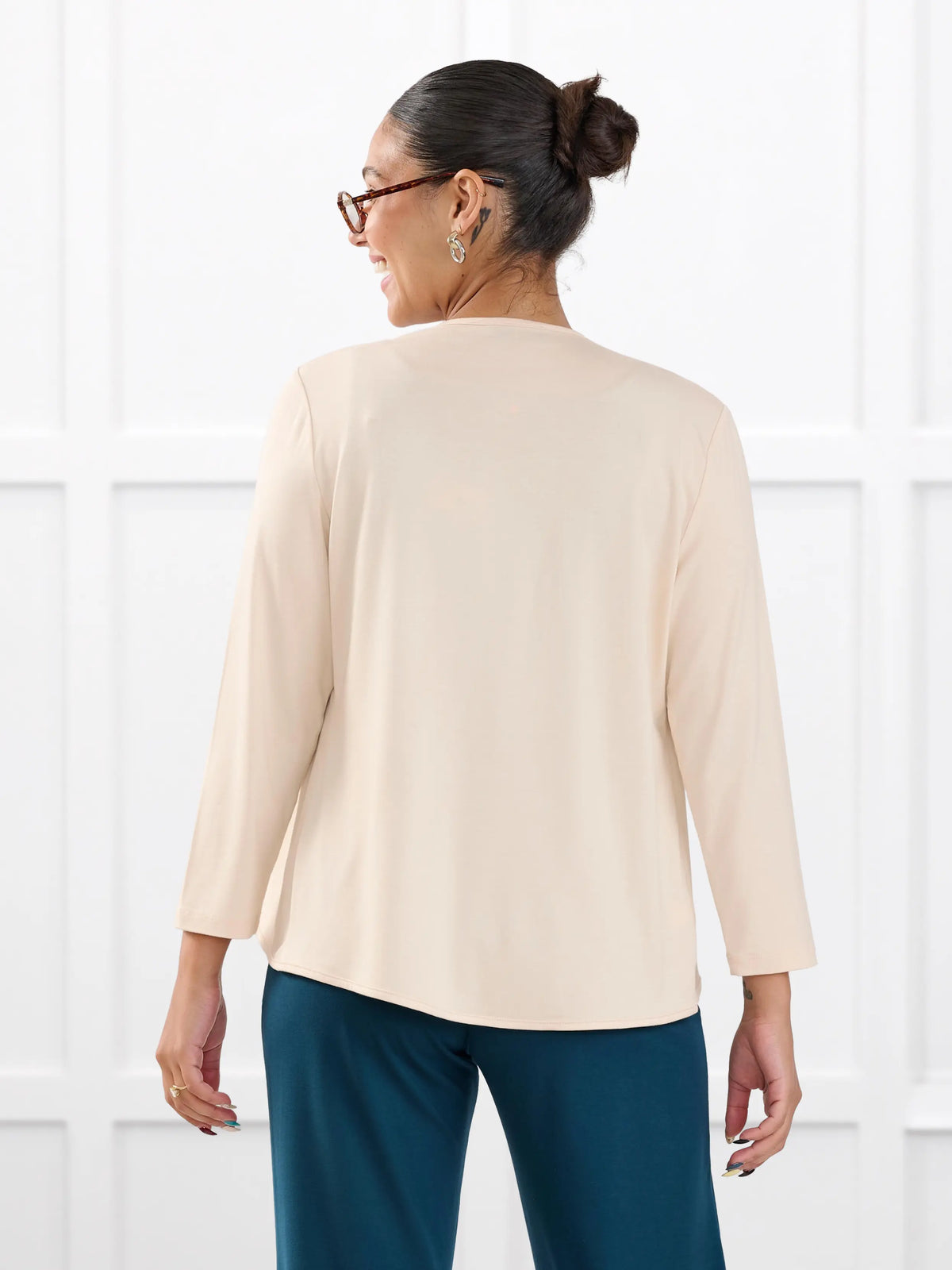 Wesley cropped waterfall cardigan for women in Shortbread on model Meron, size XS @Meron-XS 