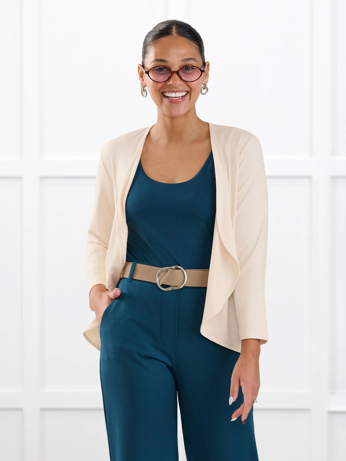 Wesley cropped waterfall cardigan for women in Shortbread on model Meron, size XS @Meron-XS 