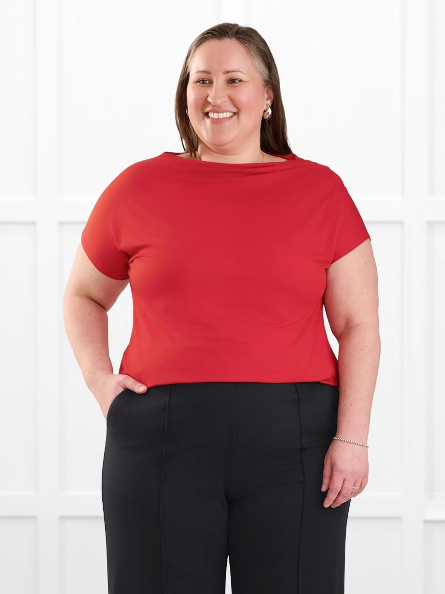 Yuna draped reversible neckline top for women in Chili on model Cristina, size XXL @Cristina-XXL 