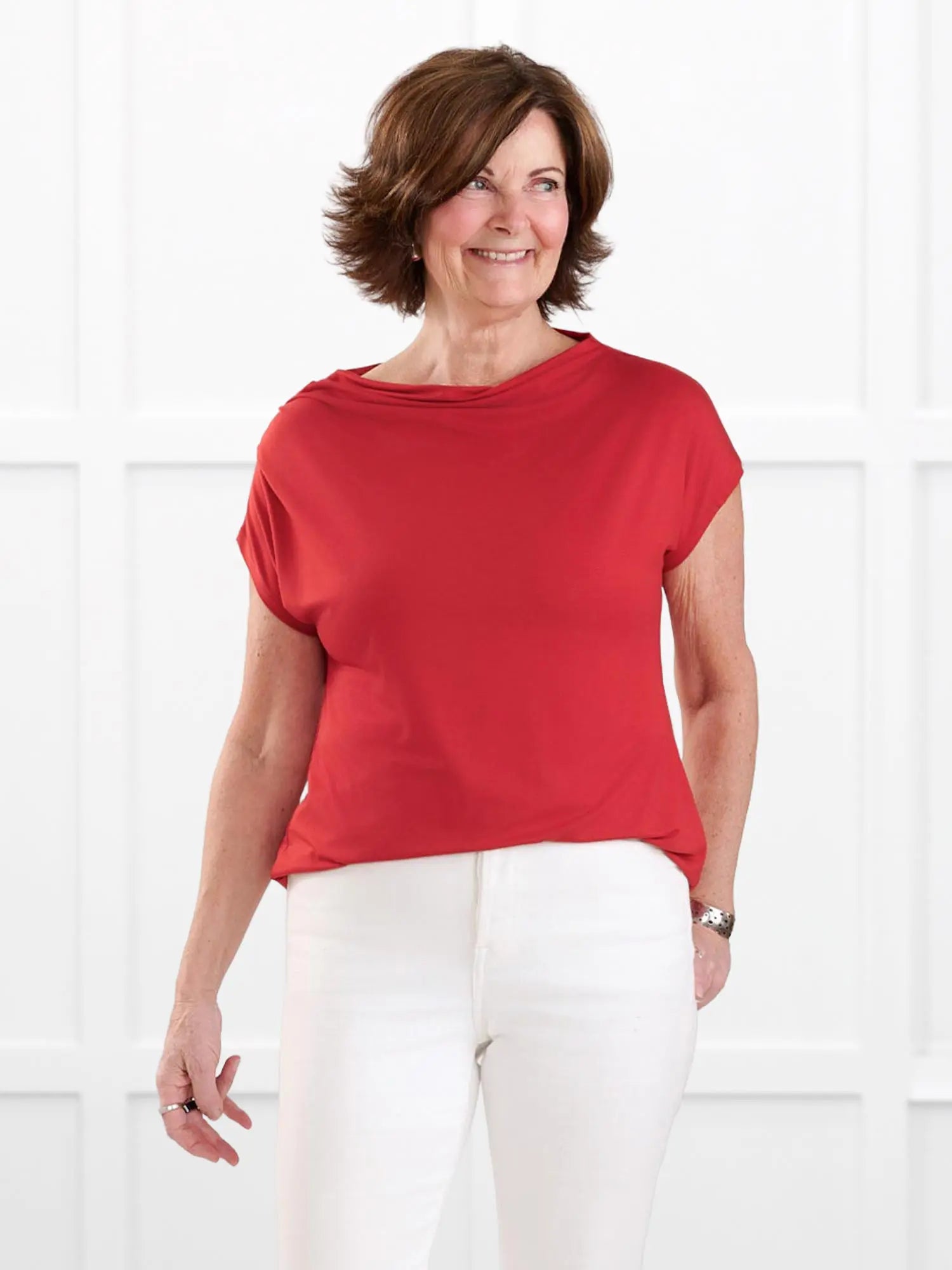 Yuna draped reversible neckline top for women in Chili on model Donna, size S @Donna-S 