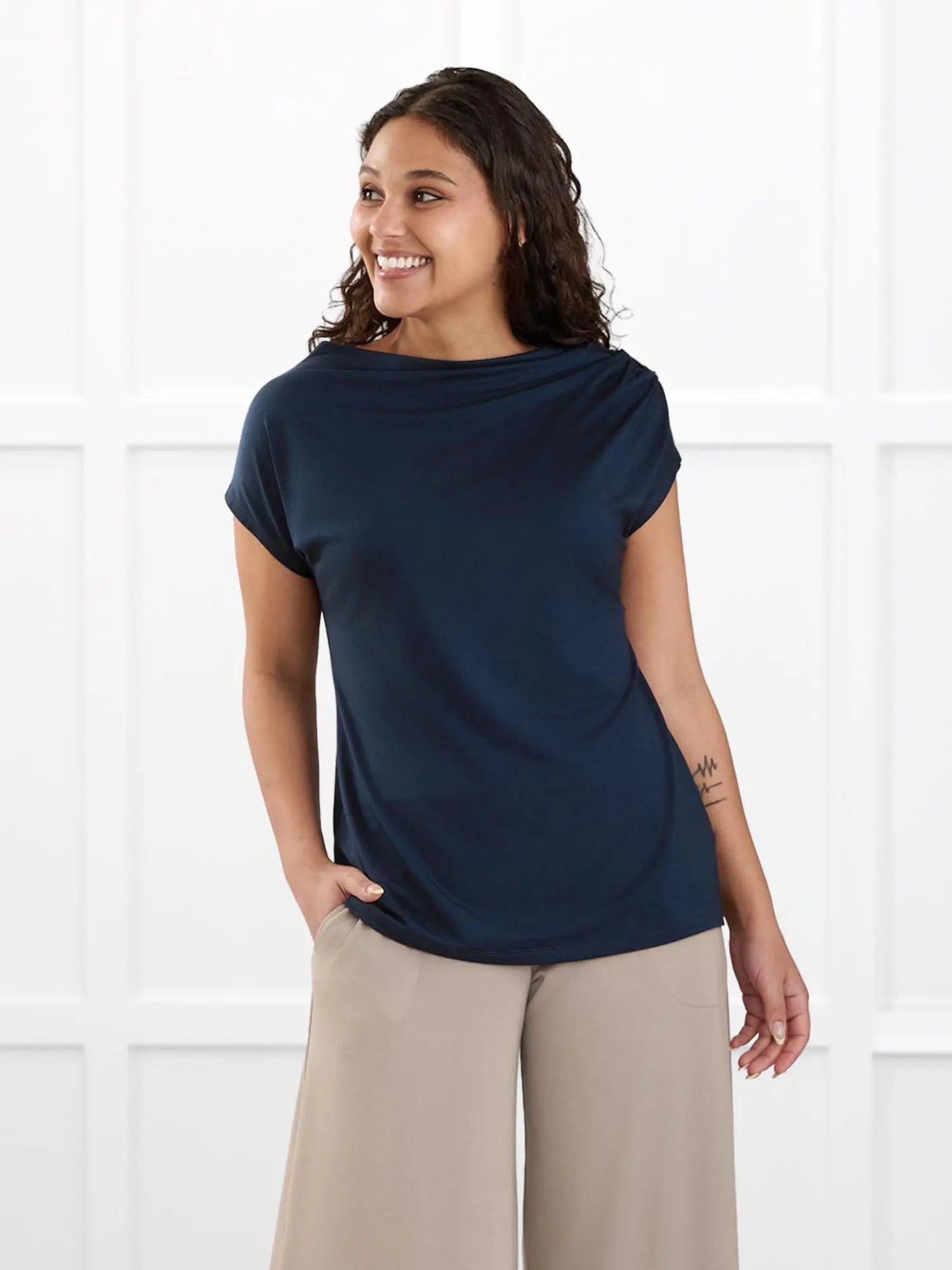 Yuna draped reversible neckline top for women in Navy on model Meron, size XS @Meron-XS 