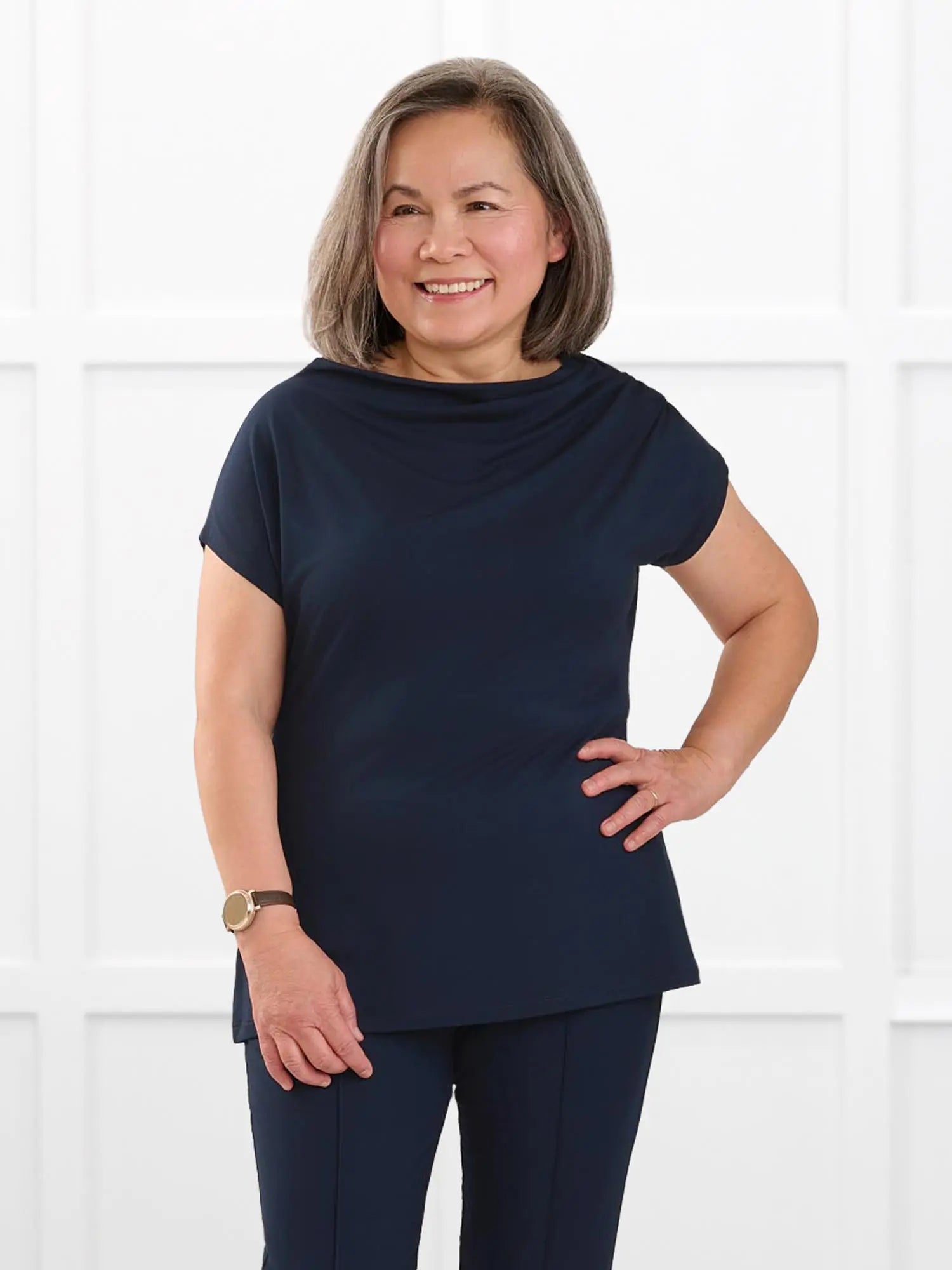 Yuna draped reversible neckline top for women in Navy on model Terry, size S @Terry-S 