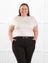 Yuna draped reversible neckline top for women in Sandstone on model Cristina, size XXL @Cristina-XXL 