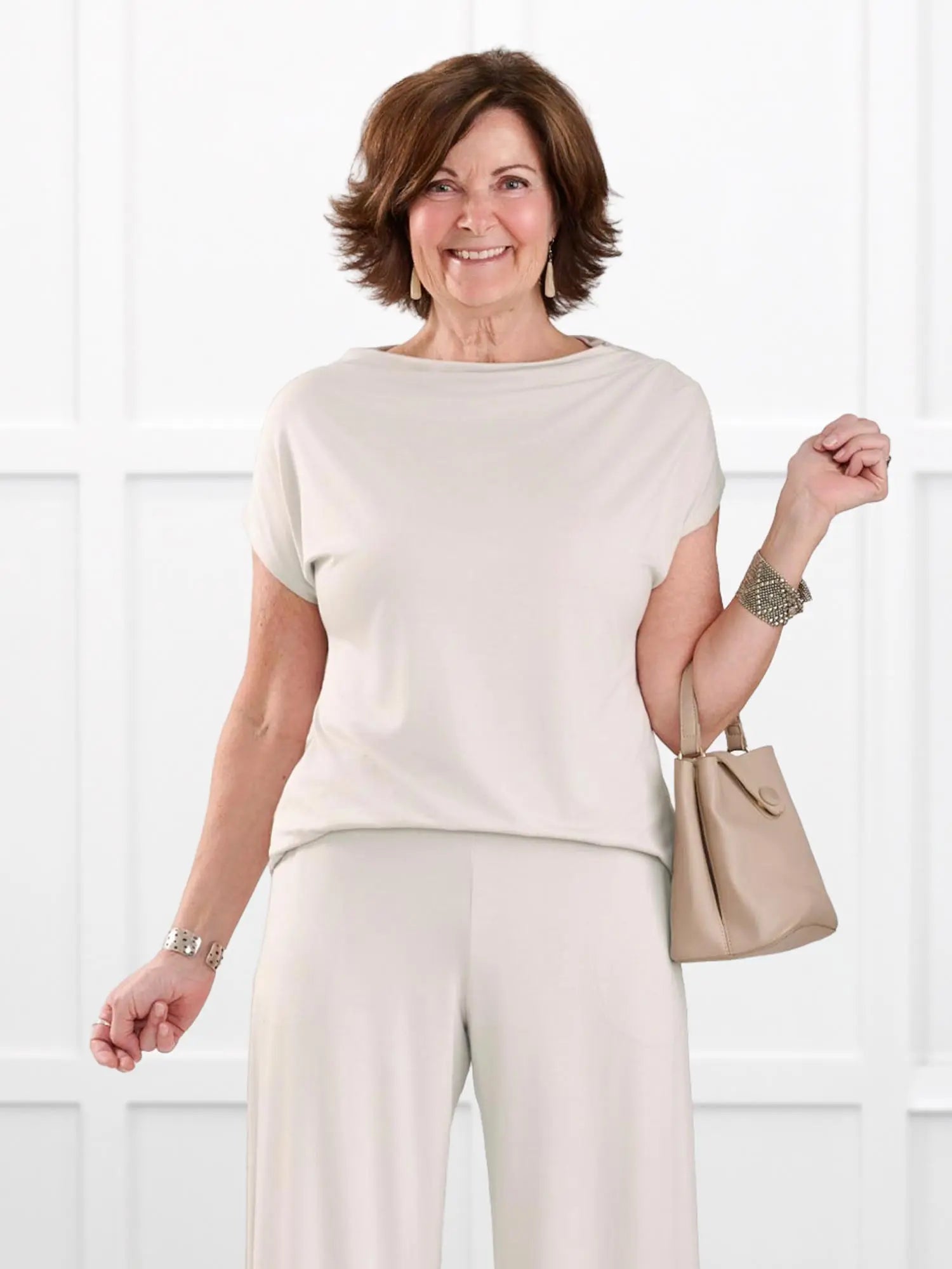 Yuna draped reversible neckline top for women in Sandstone on model Donna, size S @Donna-S 