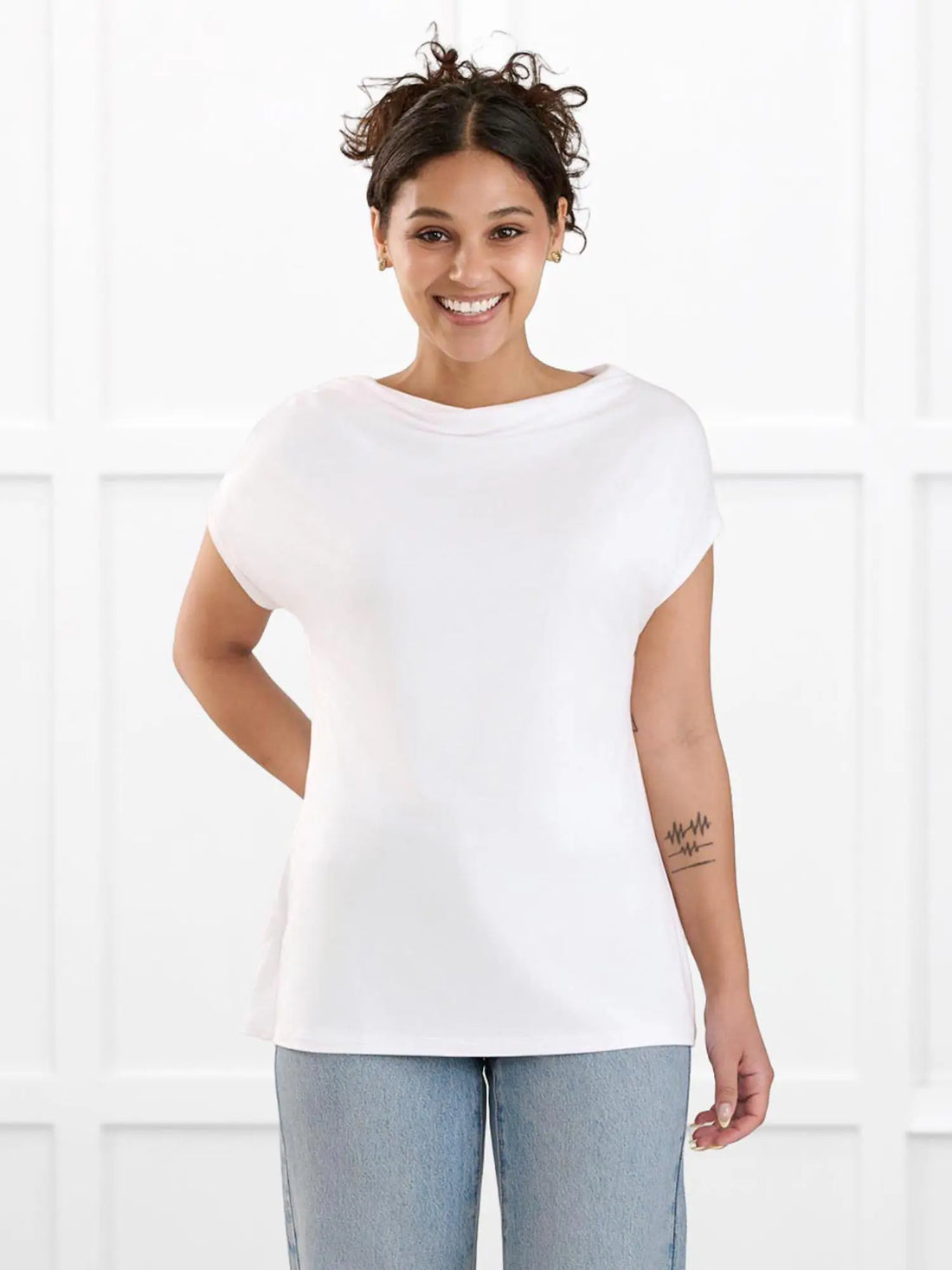 Yuna draped reversible neckline top for women in White on model Meron, size XS @Meron-XS 
