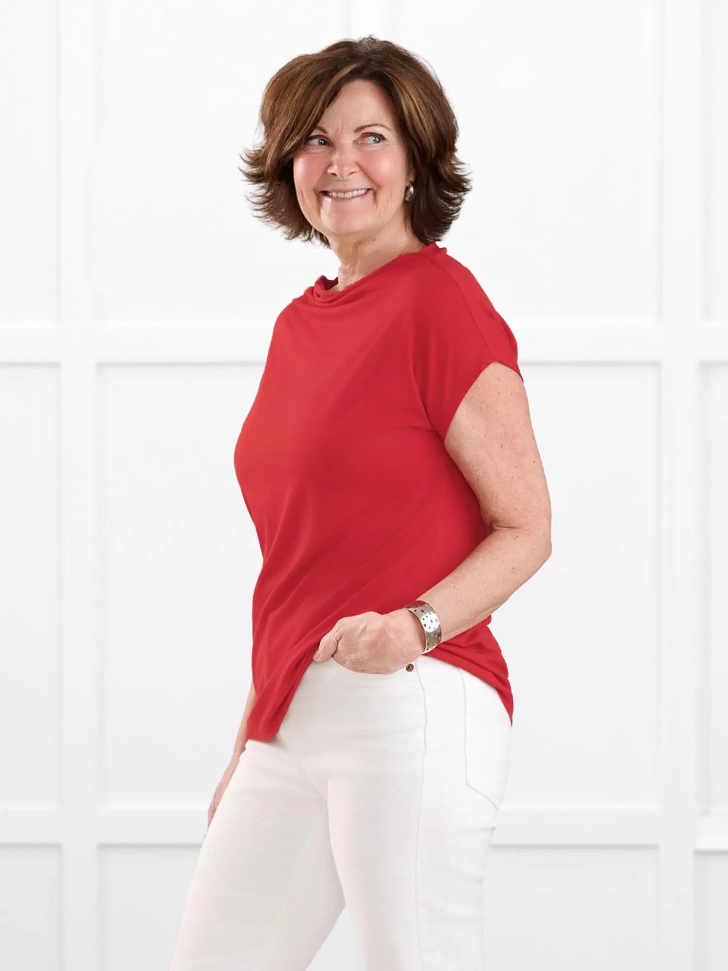 Yuna draped reversible neckline top for women in Chili on model Donna, size S @Donna-S 