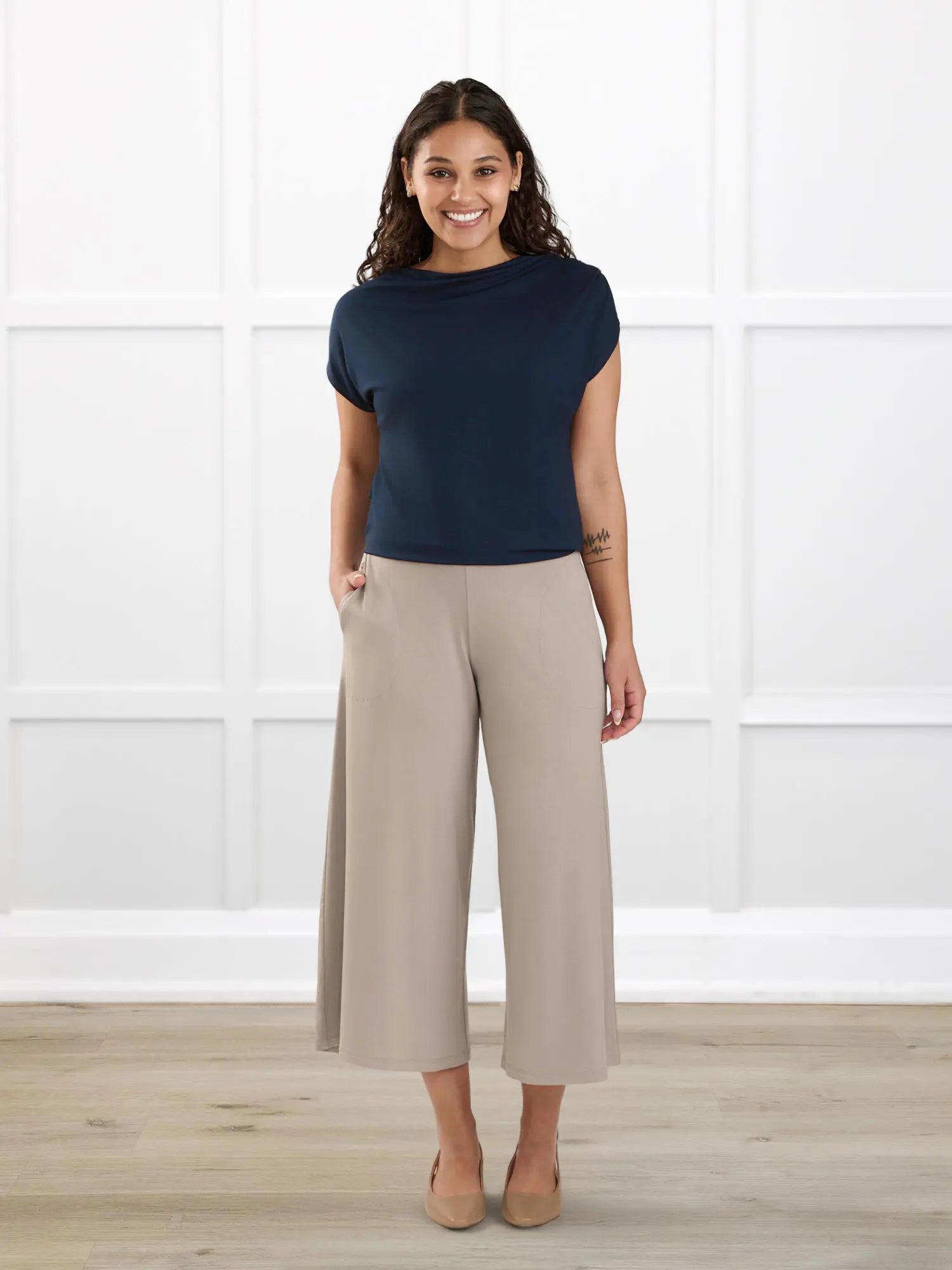 Yuna draped reversible neckline top for women in Navy on model Meron, size XS @Meron-XS 