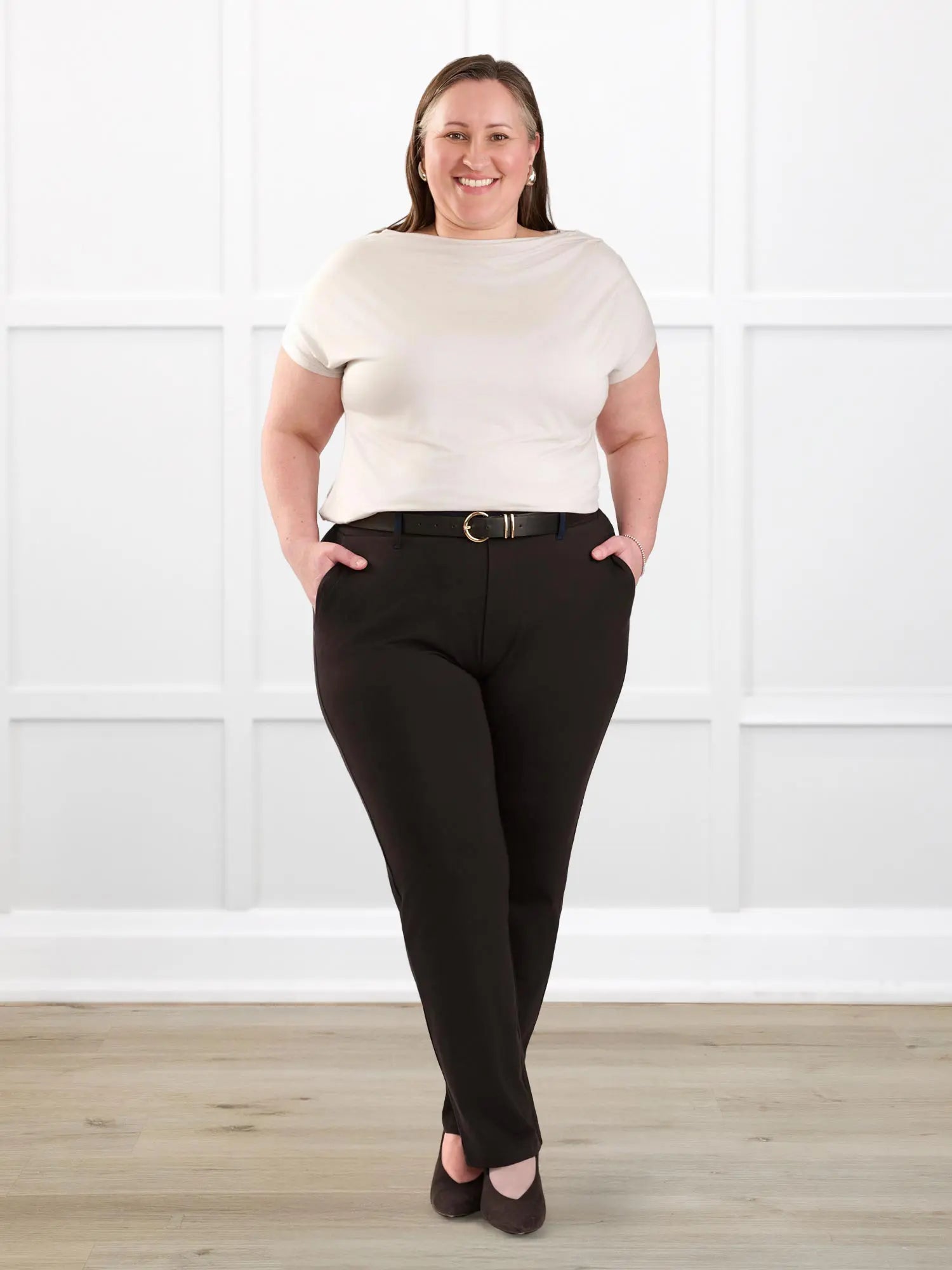 Yuna draped reversible neckline top for women in Sandstone on model Cristina, size XXL @Cristina-XXL 