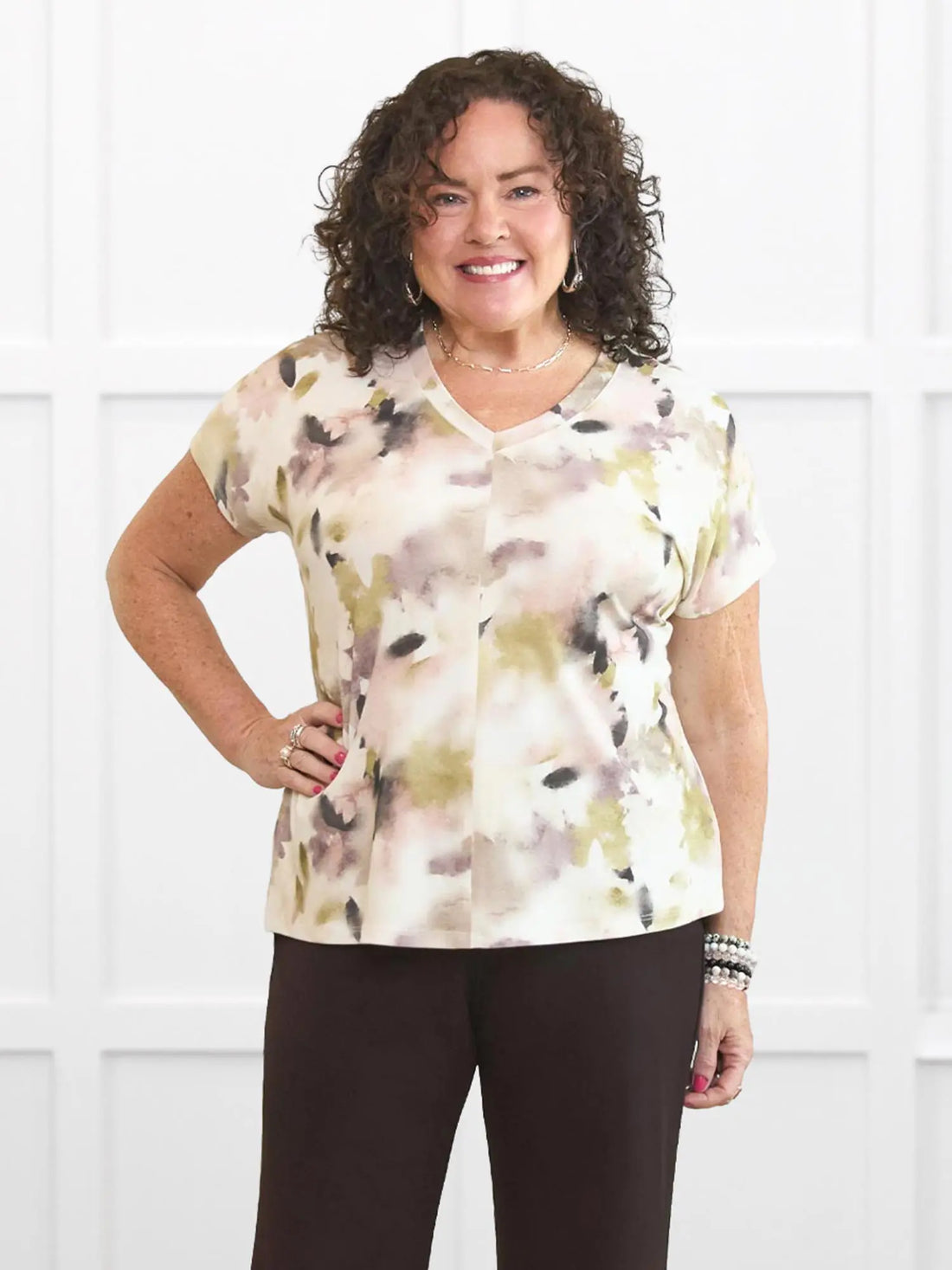 Zyla v neck dolman top for women in Rosewater on model Kerri, size M @Kerri-M 