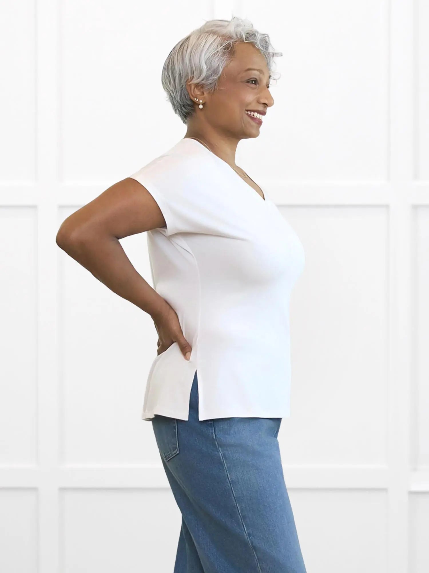 Zyla v neck dolman top for women 00 in White on model Keethai, size M @Keethai-M 