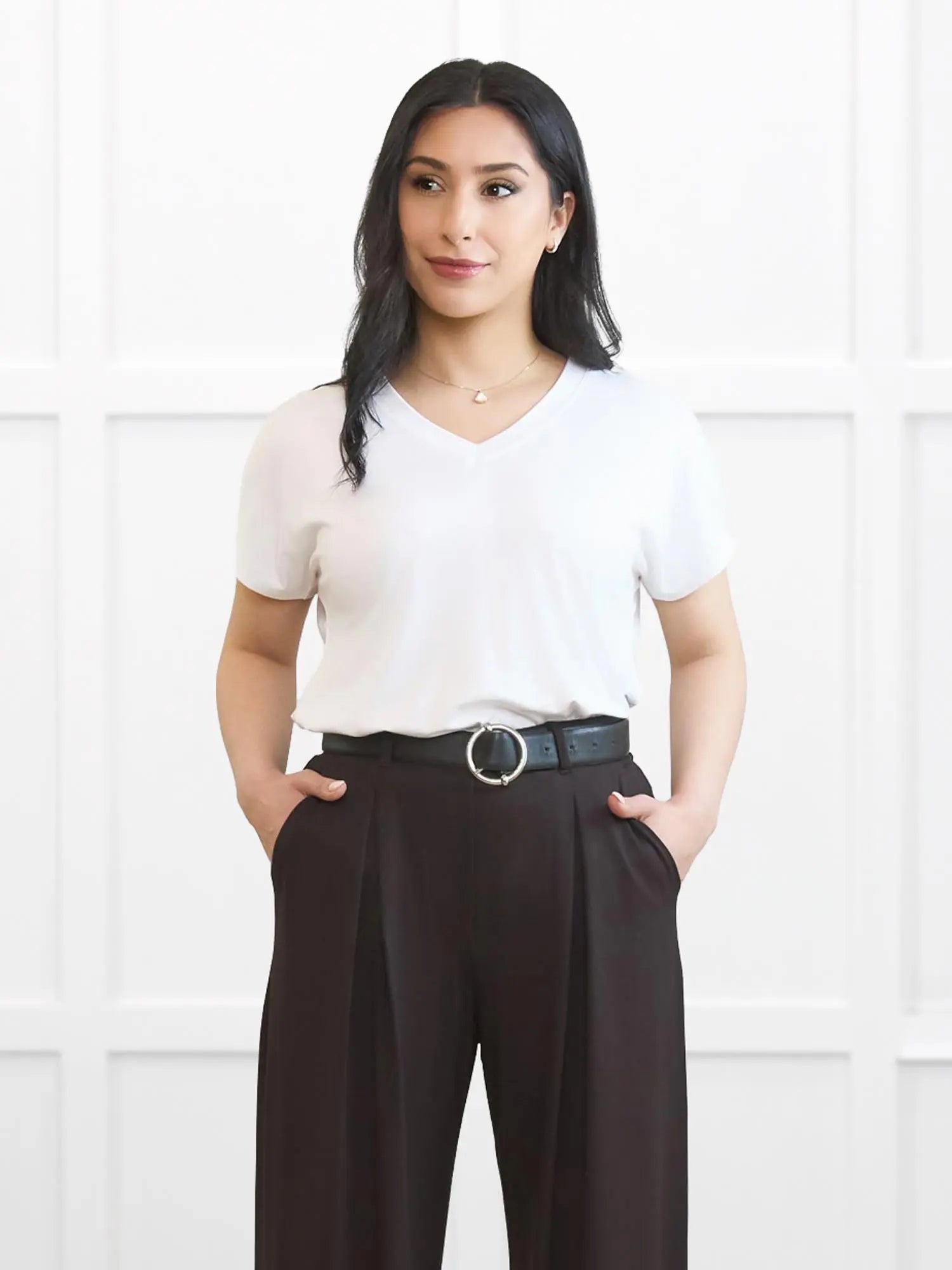 Zyla v neck dolman top for women 00 in White on model Yasmine, size XS @Yasmine-XS 