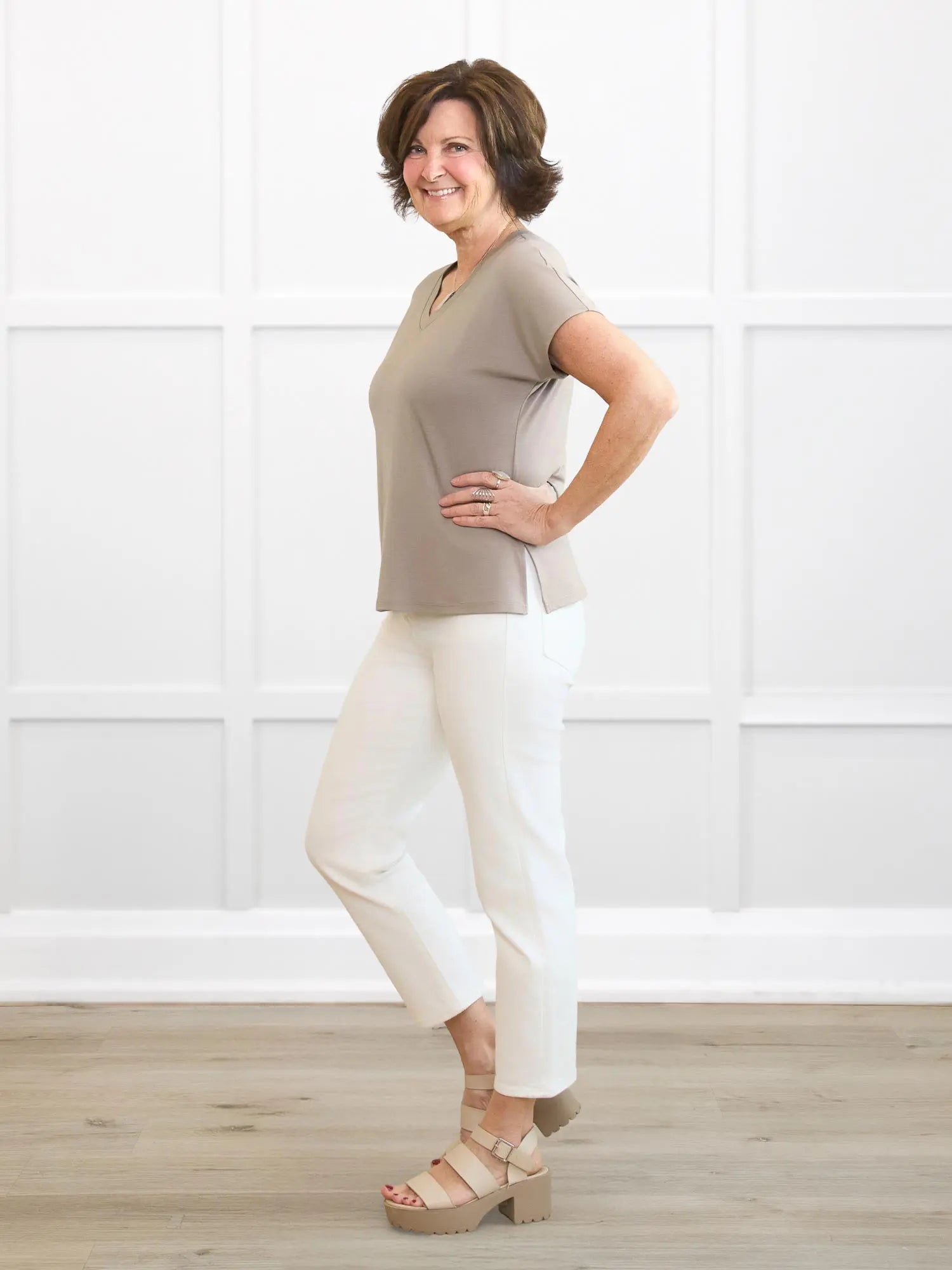 Zyla v neck dolman top for women in Portobello on model Donna, size S @Donna-S 