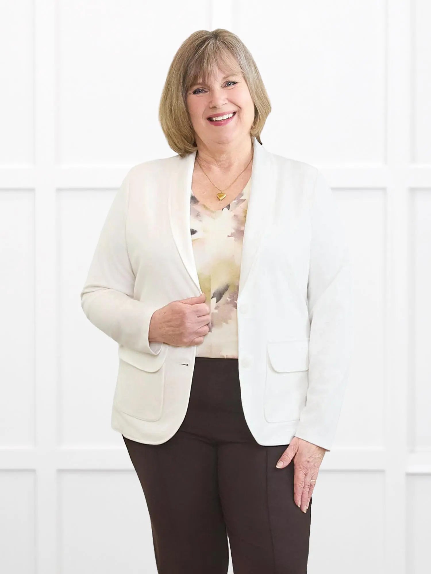 Zyla v neck dolman top for women in Rosewater on model Laurie, size XL @Laurie-XL 