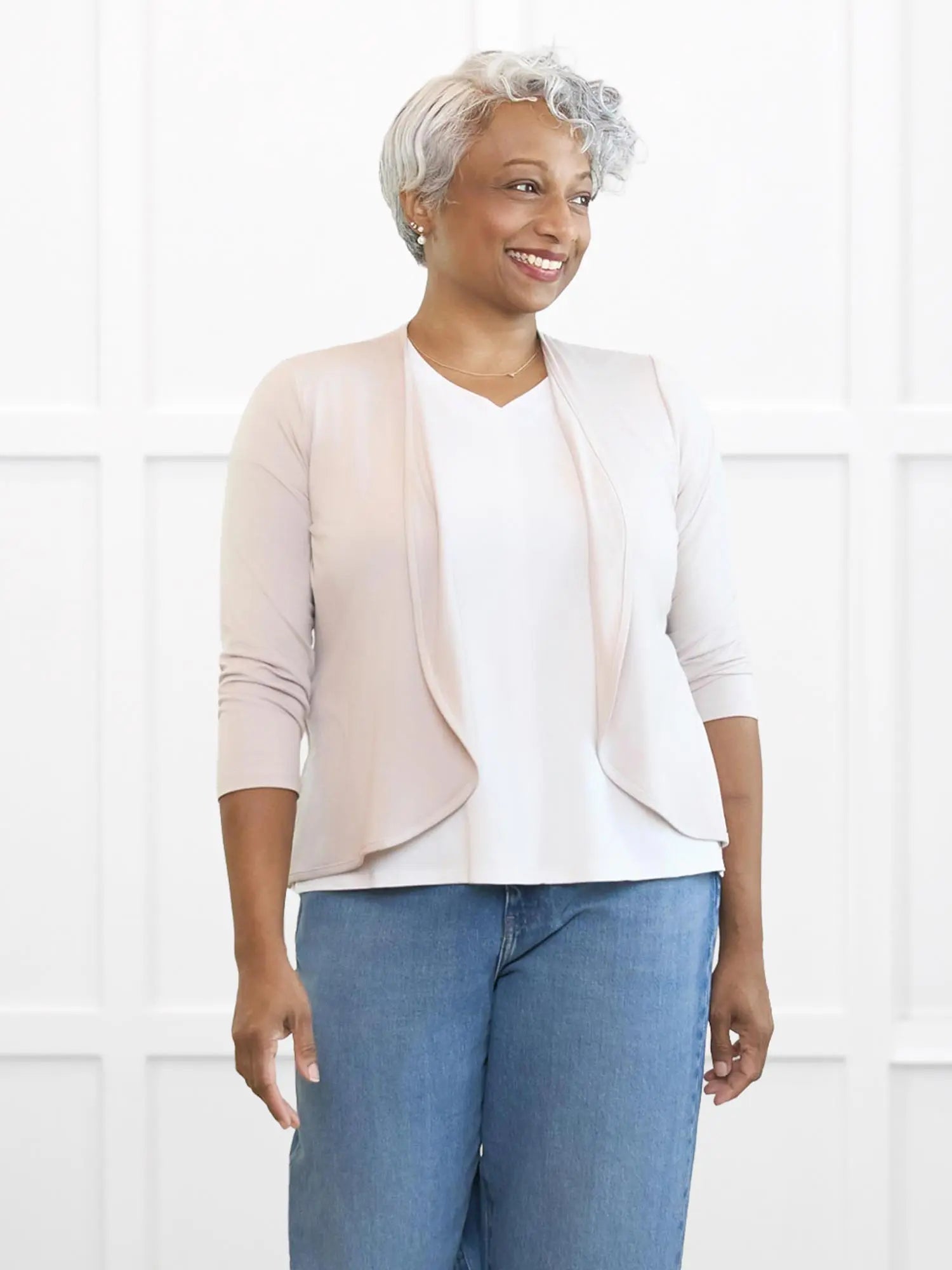 Zyla v neck dolman top for women in White on model Keethai, size M @Keethai-M 