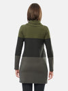 Woman standing with her back towards the camera wearing Miik's Hasha colourblock twisted cowl tunic in grey green stripe and leggings.
