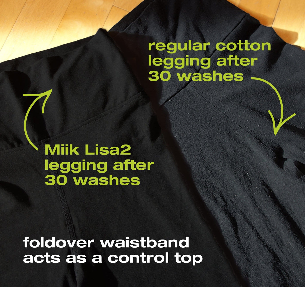 Difference between two black leggings side by side. One is Miik&