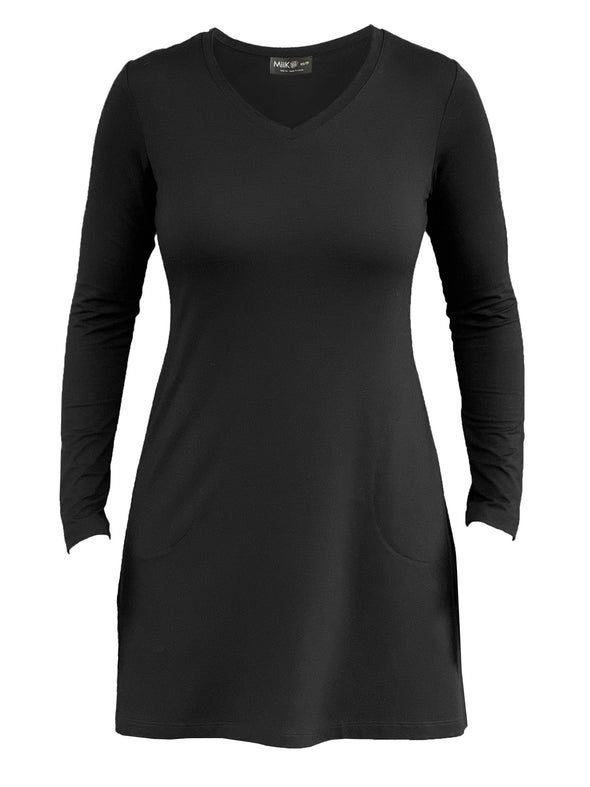 An off figure image of Miik's Saya tunic with pockets in black
