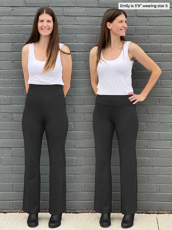 Comparison image of Miik's Sina straight leg pant with waistband up and folded over.
