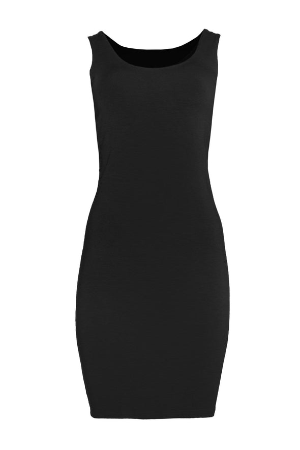 Off figure of Miik's Yara reversible boat/scoopneck dress in black.